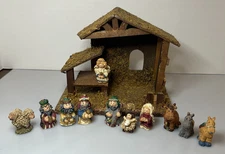 11 pc Miniature Resin Nativity Set plus Creche Manger Holy Family Vintage