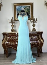 Turquoise Halter Neck Mermaid Evening Dress Gold Lace Appliqu  Formal Gown