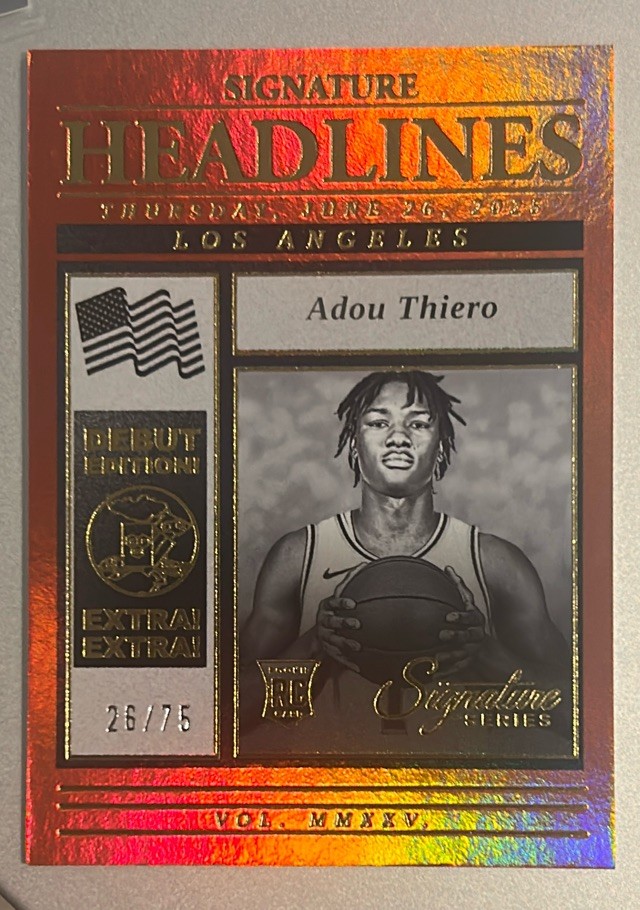 Adou Thiero 2025-26 Signature Series #15 Signature Headlines Red /75 Lakers