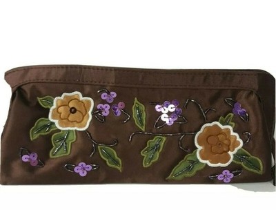 Vtg Embellished Brown Floral Clutch Purse Handbag 10'' Evening Party Satin Light