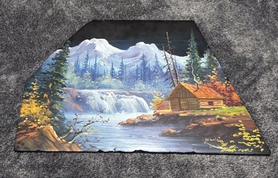 Hand Painted Landscape Scenery Stone Slab Lake Cabin Mountains Signed 10x15''