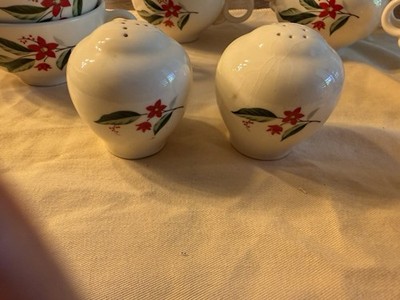 Woodvine Cream Floral Ceramic Cups, Creamer, Sugar Bowl, S&P