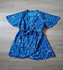 Yours Blue & White Abstract Print Mock Wrap Dress Flared Holiday Smart UK22