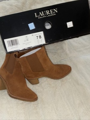 Lauren Ralph Lauren Suede Chelsea Boots Heeled Ankle Booties Cognac 8B