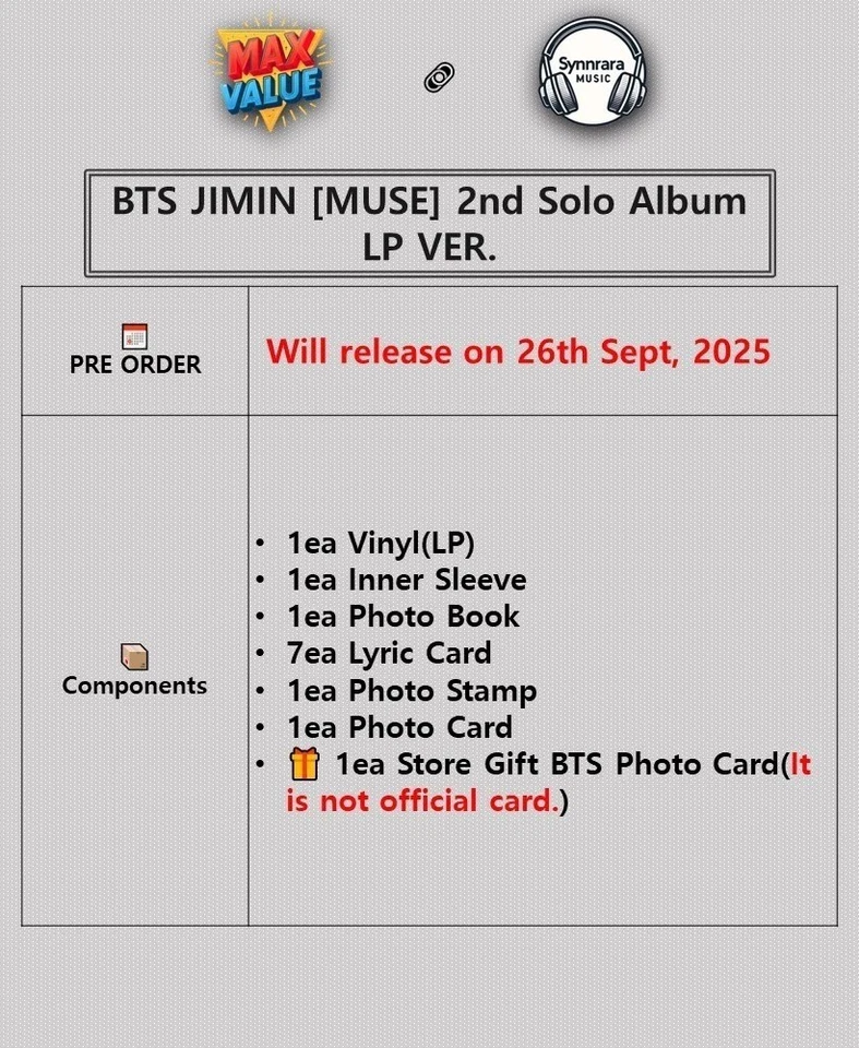 BTS JIMIN [MUSE] 2º álbum en solitario versión LP/vinilo+libro de fotos+7 letras+sello+tarjeta+regalo Foto 2 de 4
