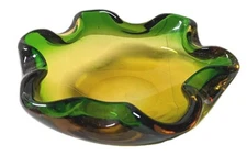 Murano Style Art Glass Green Folded Corner Bowl Ashtray VTG MCM