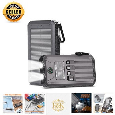 Kepsiwn 20000mAh Portable Solar Charger - 4 Cables, Waterproof & Dual Flashlight