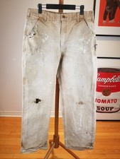 VINTAGE 90' CARHARTT DUCK WORK CARPENTER DISTRESSED TRASHED PANTS SZ 34X32 WORN