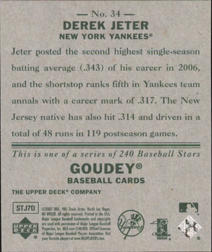 2007 Upper Deck Goudey #34 Derek Jeter - NM-MT - Picture 2 of 2