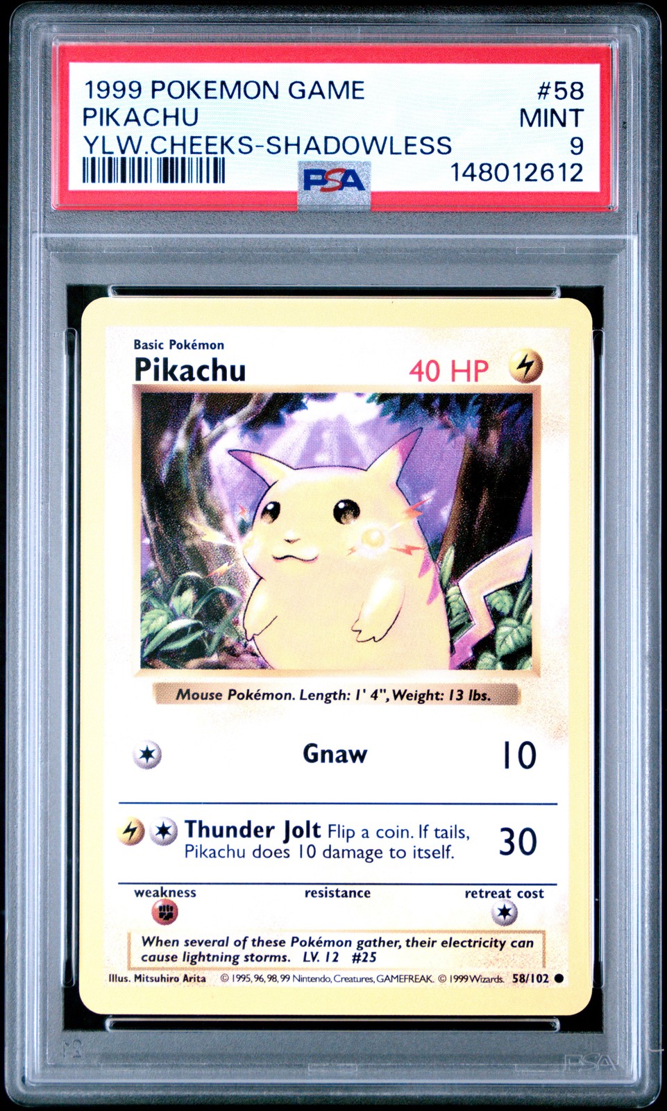 1999 POKEMON BASE SET SHADOWLESS YELLOW CHEEKS-#58 PIKACHU PSA 9