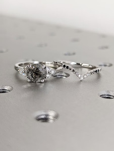 Authentic Unique Galaxy Round Cut Salt & Pepper Engagement Ring Set 14k White Gold Plated