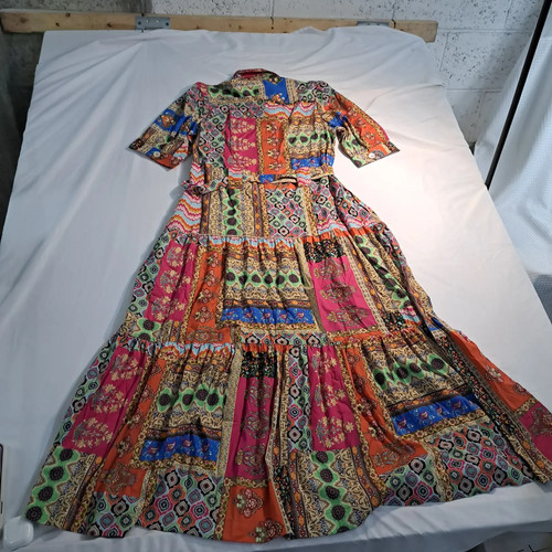APNY Womens Patchwork Boho Tiered Button Front Dress Size S Multicolor
