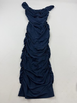 PrettyGarden Dress Womens Medium Blue Ruched Off Shoulder Bodycon Maxi Evening