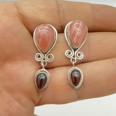 Vintage Sajen 925 Sterling Silver Dangle Earrings Rhodochrosite Garment Teardrop