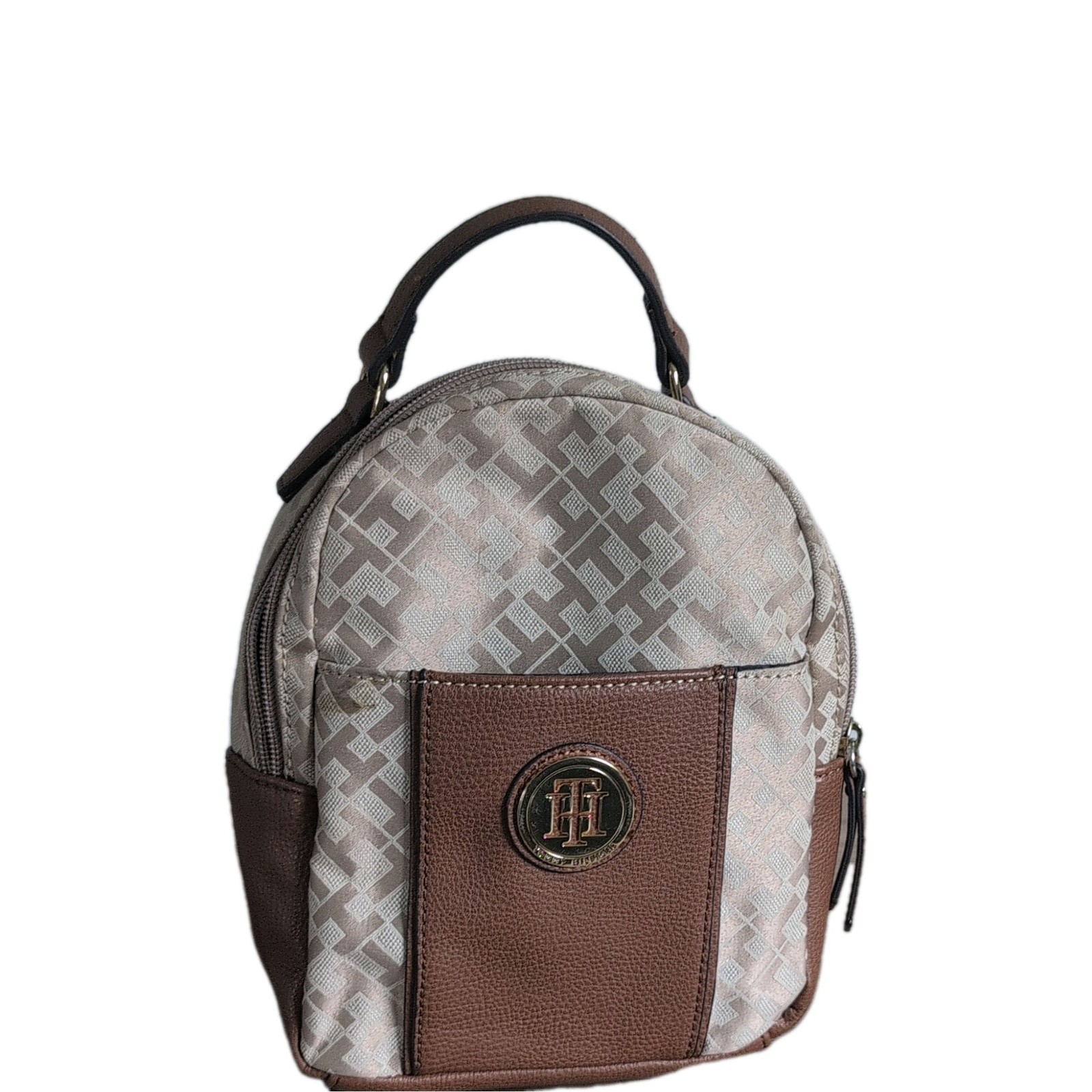 Tommy Hilfiger Beige/Brown Monogram Mini Backpack Zip Top Handle Gold Hardware