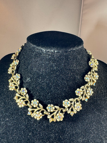 Vintage Coro White enamel and Aurora Borealis Rhinestone Floral design necklace