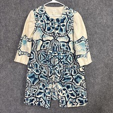 Chico's 1 Jacket Linen Womens Size M Blue Cream Artsy Coastal Cottage