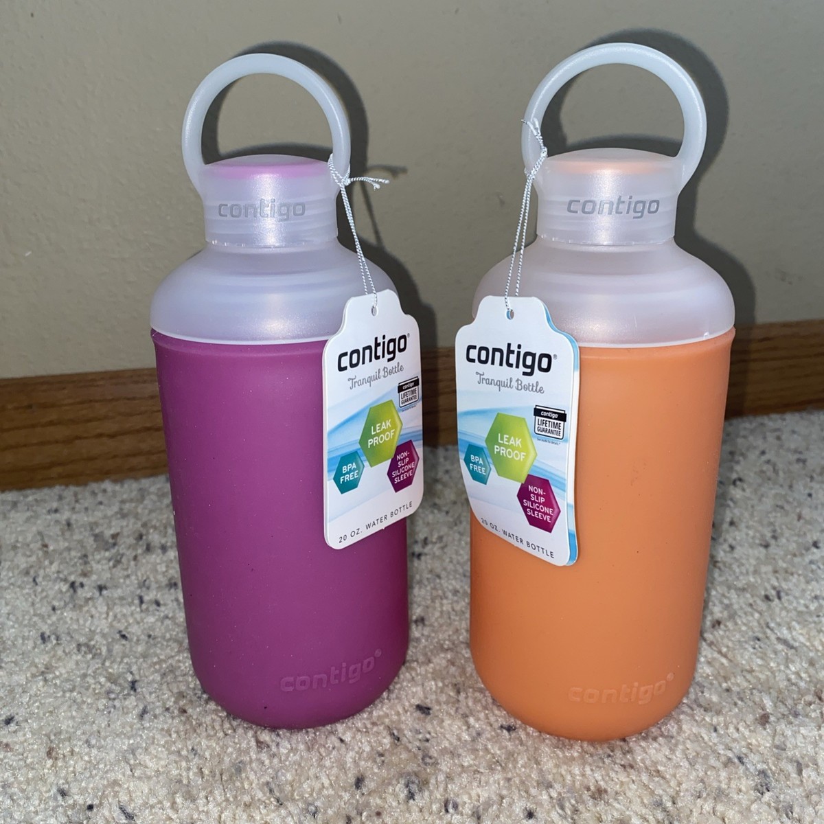2 Contigo Tranquil Water Bottle 20oz. Purple & Orange Opens 2 Ways Wide  Mouth