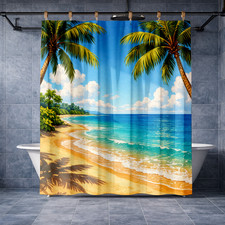 Serene Tropical Beach Palm Trees Shower Curtain Turquoise Water Sand Decor
