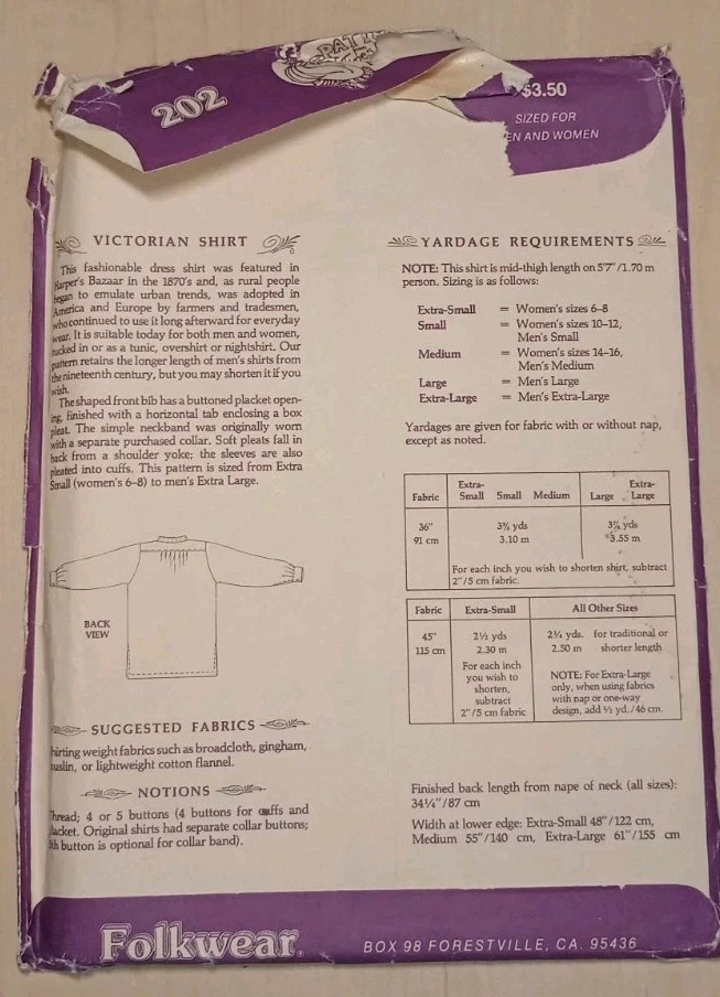 Folkwear 202 Sewing Pattern Unisex Victorian Shirt Tunic Nightshirt XS-XL VTG UC - Image 2 of 4