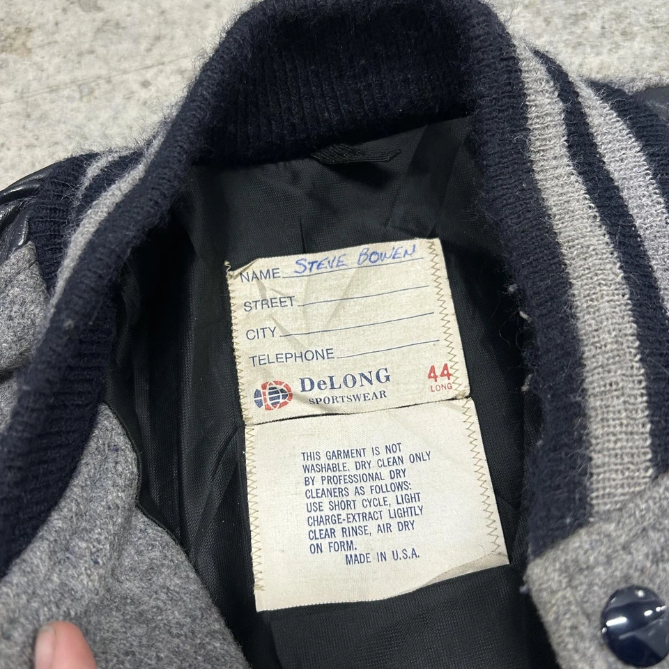 Винтажный DeLong Varsity куртка мужская 44 длиной серый черный шерсти кожи Snap ACS 90-х - Изображение 4 из 4