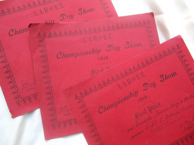 3 LAHORE DOG SHOW 1910 Erstpreis Urkunden - Airedale Champions SEHR SELTEN
