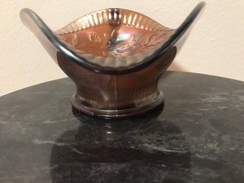 Dugan Windflower Carnival Glass Handled Nappy Bowl 7 1/2" long 3.25 " tall - Picture 8 of 10