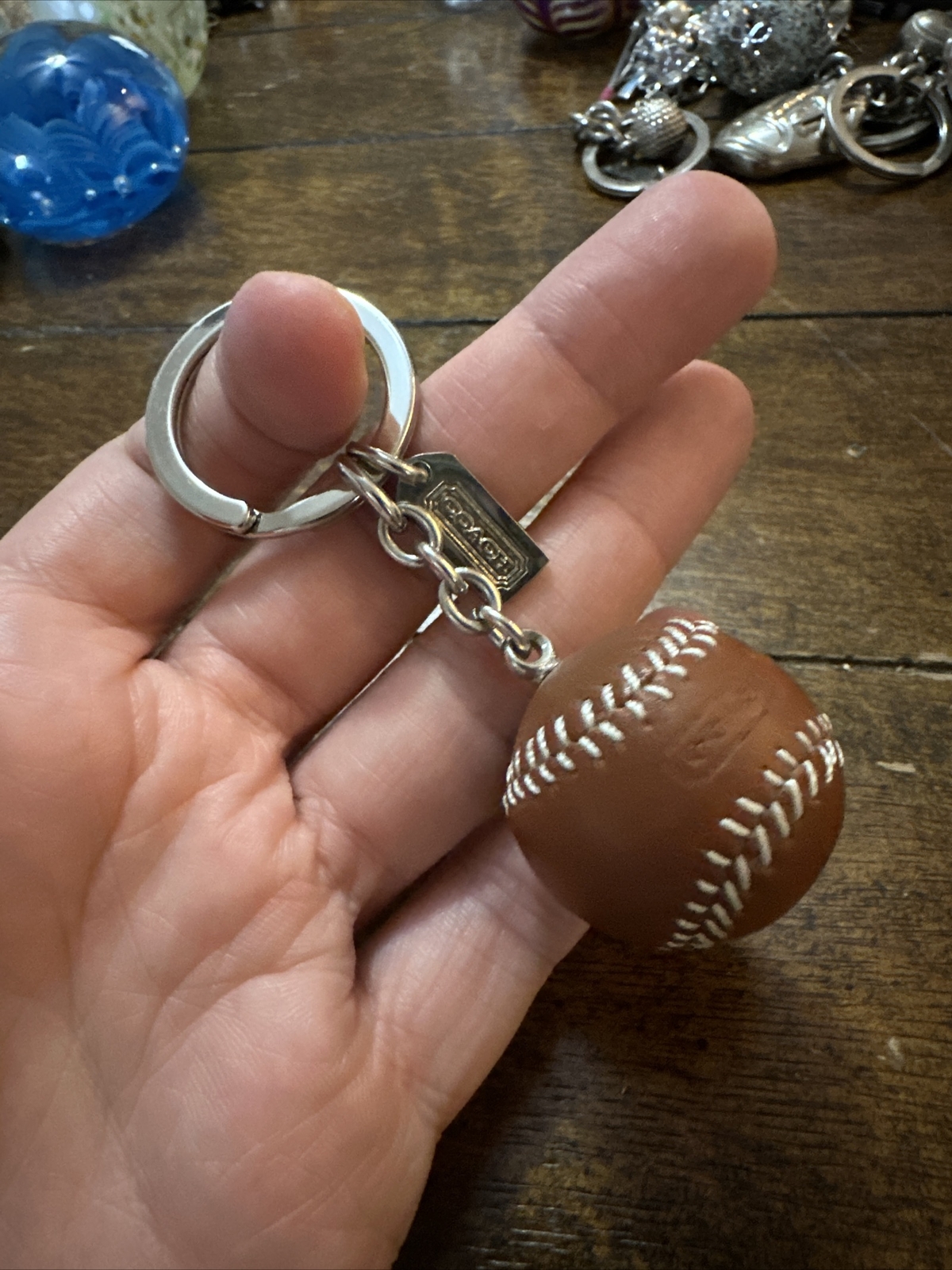 Coach Keychain Baseball Brown Leather Key Fob Gem