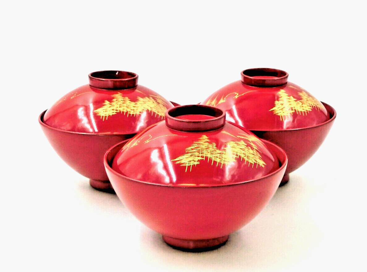 Japanese Antique Meiji Wooden Soup bowls Lacquer 3-Set MAKI-E Mt