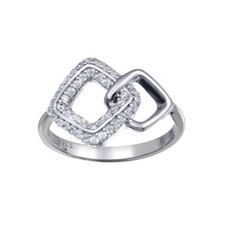 Sterling Silver Open Square Link Design Ring w/ Cubic Zirconia Stones