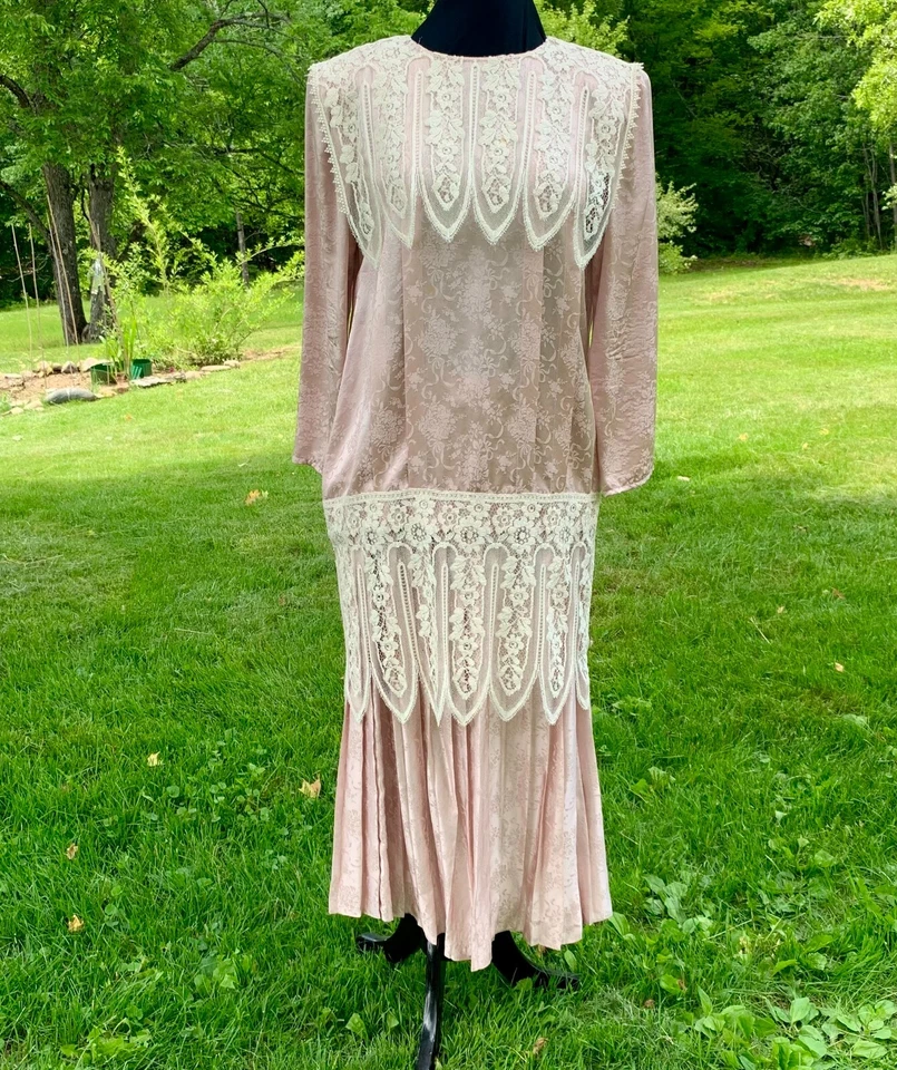 Vestido Jessica McClintock Rosa Seda Años 80 Talla 12 Jacquard Largo Encaje 2 piezas Boda Foto 3 de 4