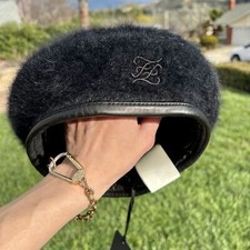 Fendi Beret NWT Authentic Wool Angora FF Logo Fuzzy Hat Black Size Large fits OS