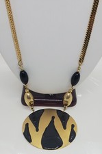 Vintage Animal Print Pendant Necklace Gold Tone Black Enamel Metal 30"