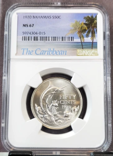 1970 BAHAMAS SILVER 50 CENTS BLUE MARLIN FISH NGC MS 69 SCARCE BEAUTIFUL GEM BU