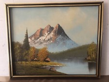 Vintage LOMAN Signed Oil Painting Mountain Landscape Lake Autumn Trees Framed 