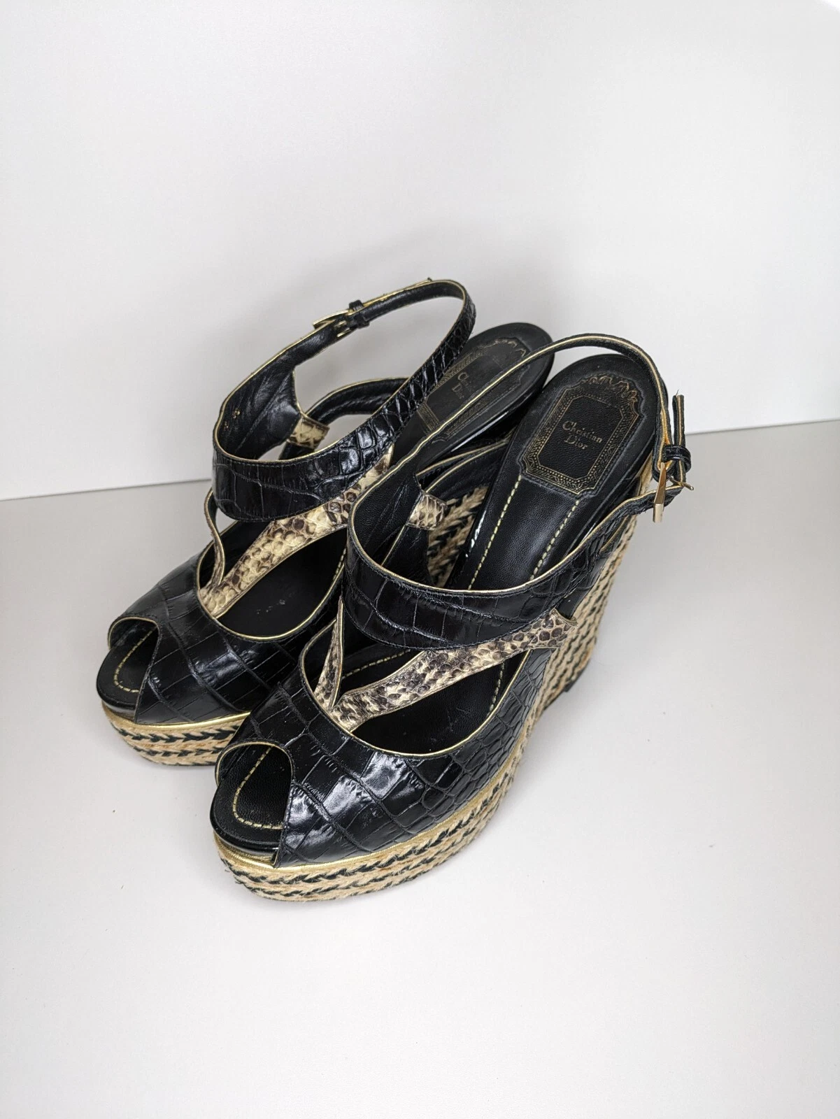 CHRISTIAN DIOR Sandales compensées espadrilles en python noir beige, pointure 8,5 femme US