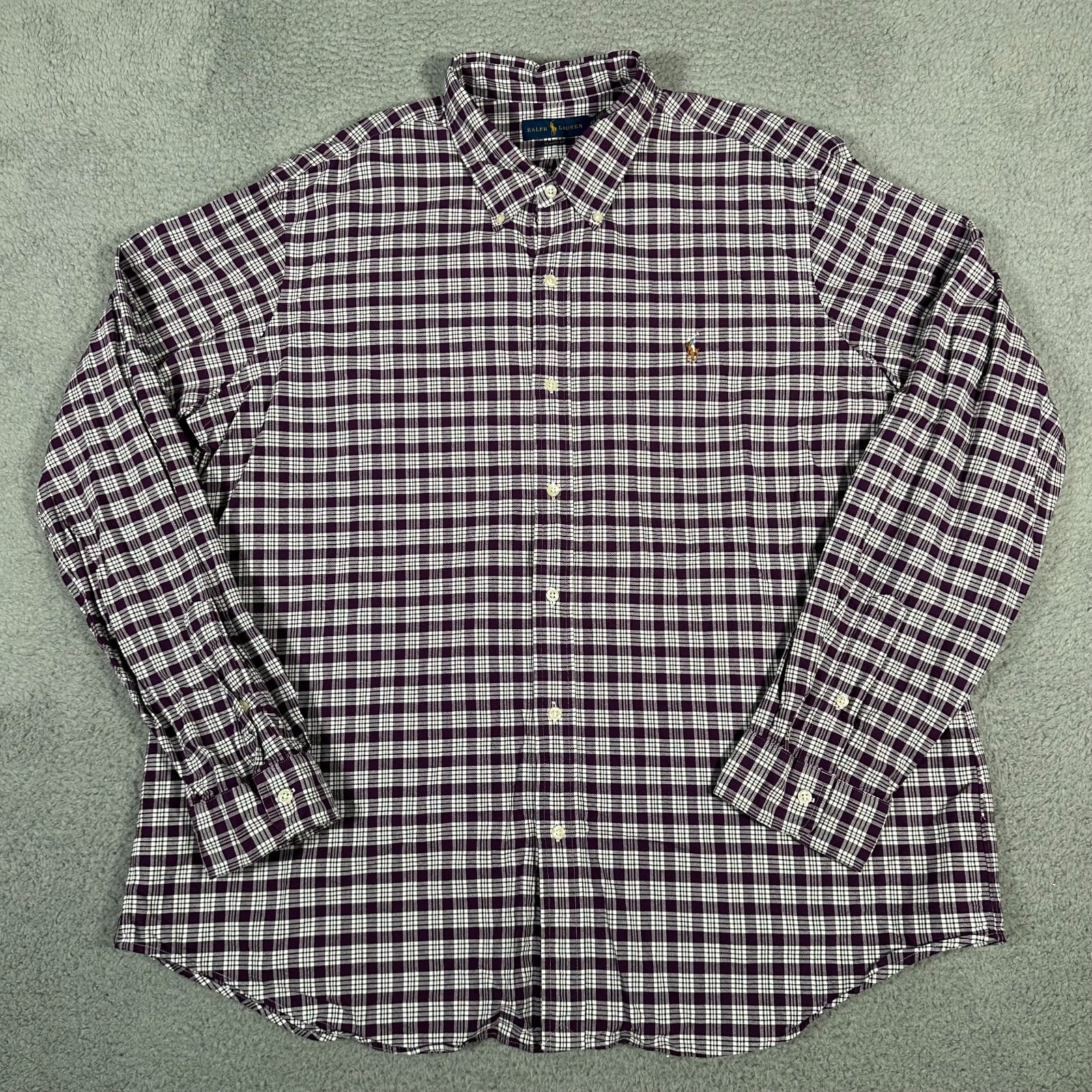 Polo Ralph Lauren camicia uomo 2XL viola bianca a quadri bottoni carne logo pony
