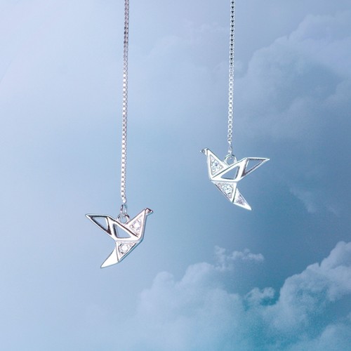 Pendientes enhebrador oreja grúa papel origami plata de ley 925 - Imagen 1 de 16