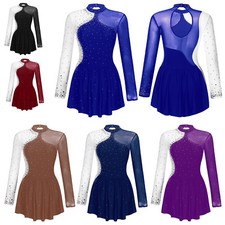 Womens Figure Ice Skating Dress Longsleeve Rhinestone Ballet Dance Leotard Dress