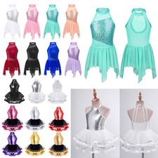 Girl Sequins Mock Neck Ballet Tutu Asymmetrical Hem Dress Gymnastic Leotard