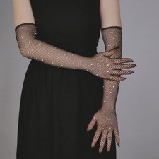 Women Long Gloves Mesh Crystal Sheer Shiny Glitter Wedding Evening Party