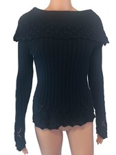 Sz Small Black Off the Shoulder Long Sleeve Cable Knit Sweater w/ Crochet Accent