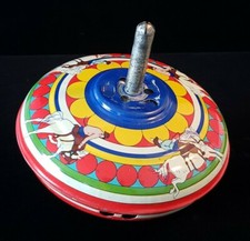 VTG 1959-62 Ohio Art Chain Tin Litho Spinning Toy Top Bronco Riding Cowboy 3"