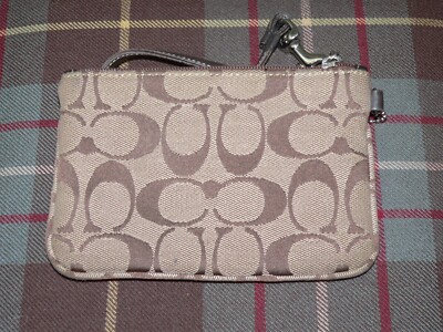 Coach Signature C Khaki Brown Leather Zip Change Purse Wristlet