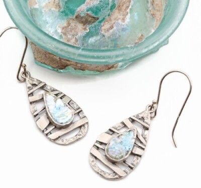 Roman Glass Sterling Silver Drop Hook Earrings 925 Ancient Fragments 200 B.C.