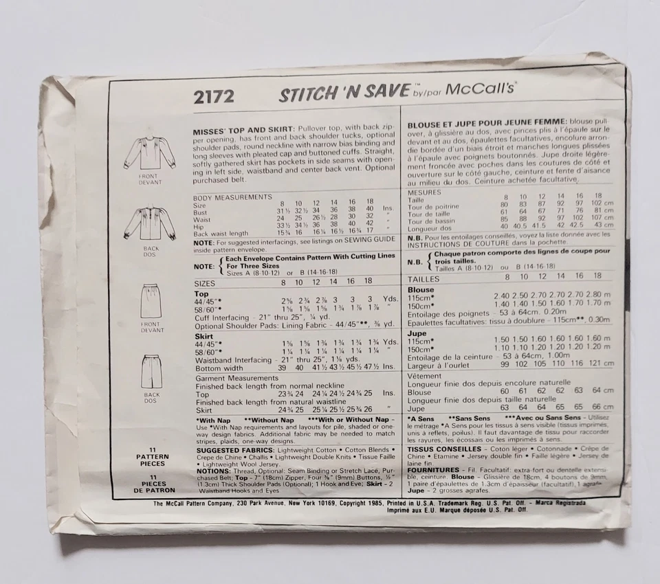 Stitch n Save By McCall's Pattern 2172 Misses Top Skirt Size A 8 10 12 Cut 1985 - Image 2 of 4