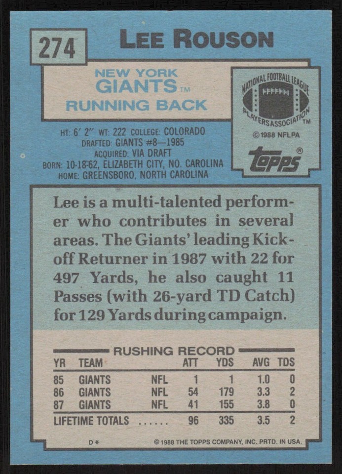 1988 Topps Football Lee Rouson #274 New York Giants | eBay