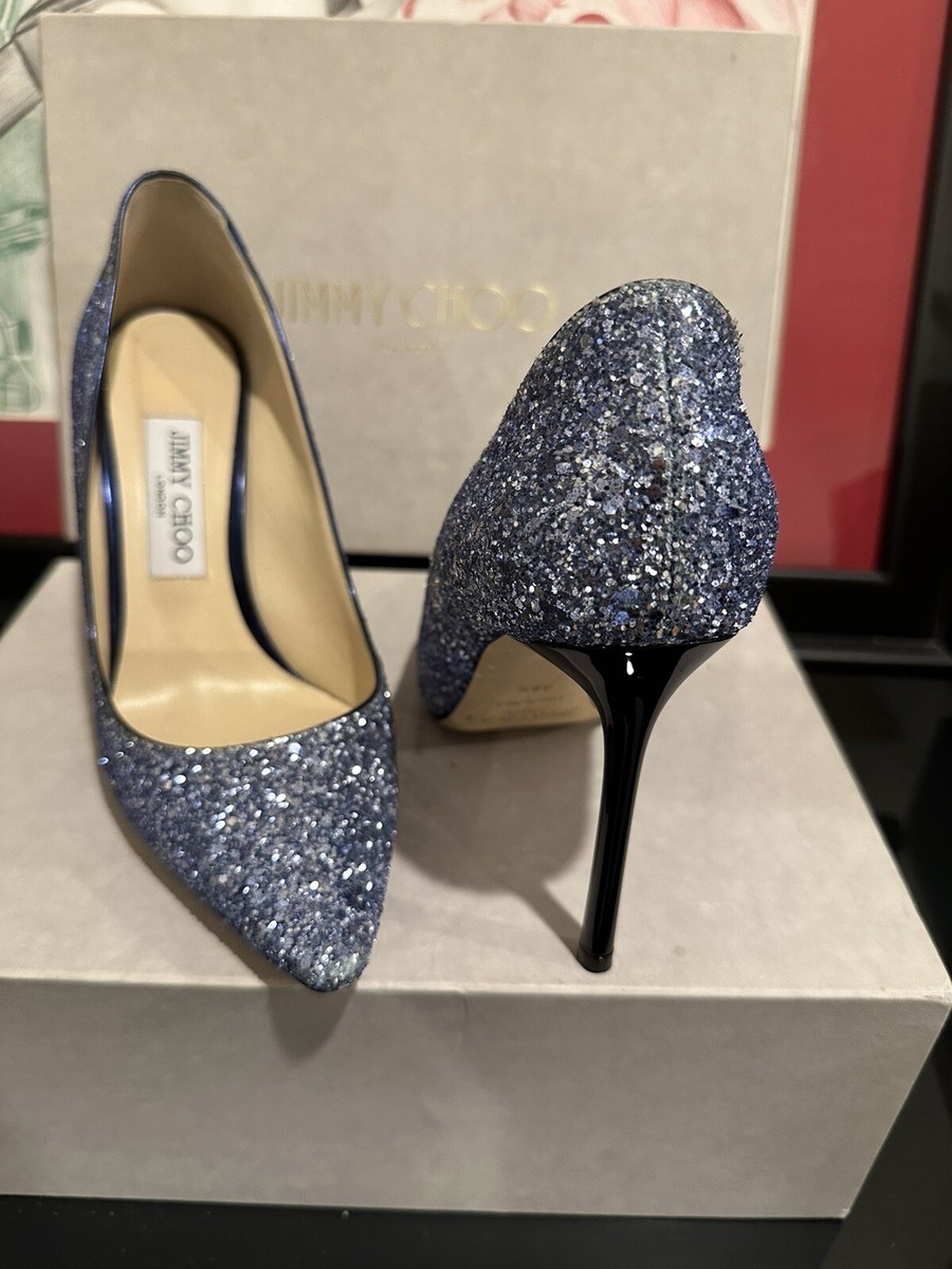 JIMMY CHOO ROMY 100 SILVER AND DUSK BLUE GLITTER STILETTO SHOES