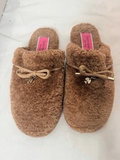 Kate Spade New York Brown Faux Fur Slippers Slide Mules Bow Logo Women sz 7-8