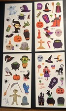 4 sheets of Halloween temporary tattoos witch mummy ghost zombie spider skull